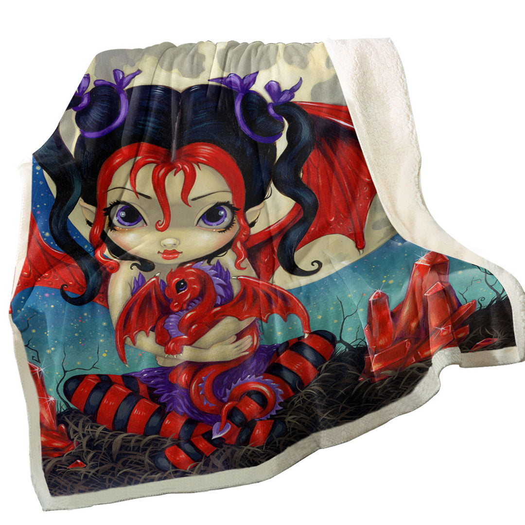 Ruby Moon Fleece Blankets Cute Fairy and Her Baby Red Dragon