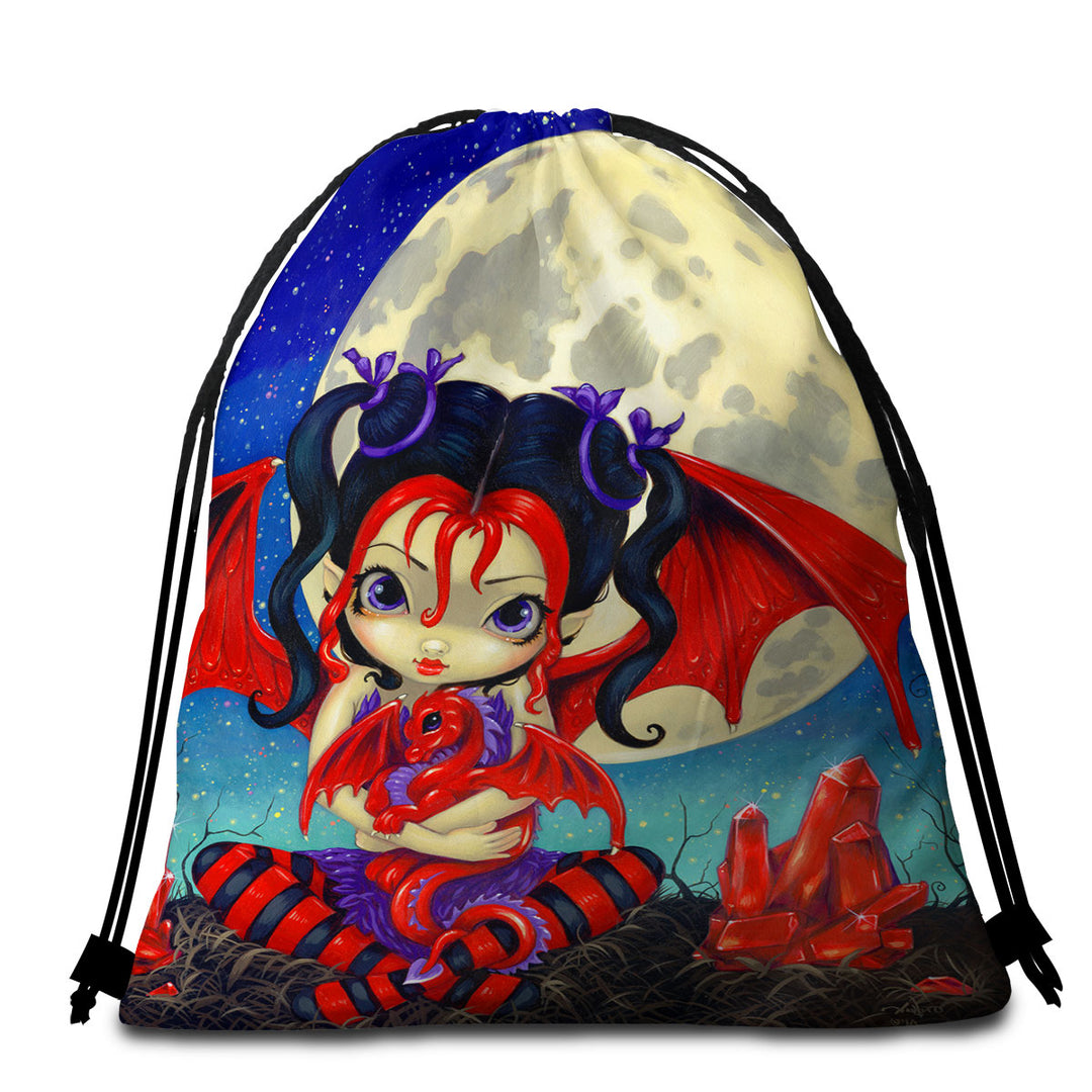 Ruby Moon Lightweight Beach Towel Cute Fairy and Her Baby Red Dragon