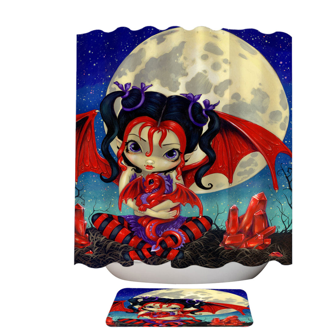 Ruby Moon Shower Curtain Cute Fairy and Her Baby Red Dragon