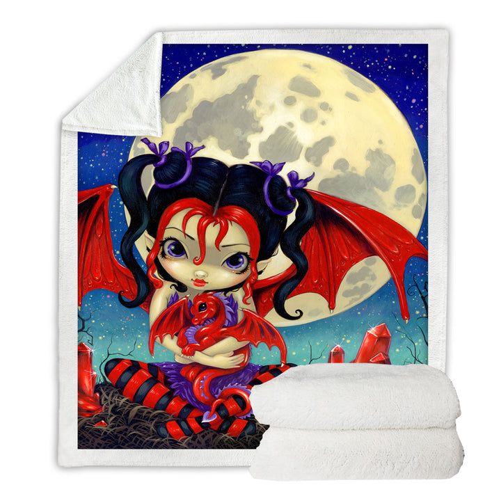 Ruby Moon Throw Blanket Cute Fairy and Her Baby Red Dragon