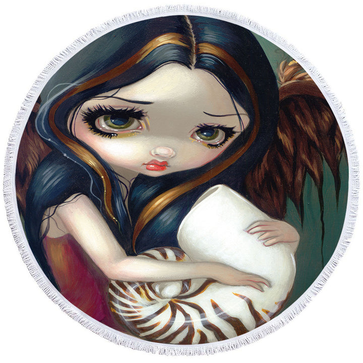 Sad Eyed Beautiful Girl Angel and Nautilus Shell Circle Beach Towel