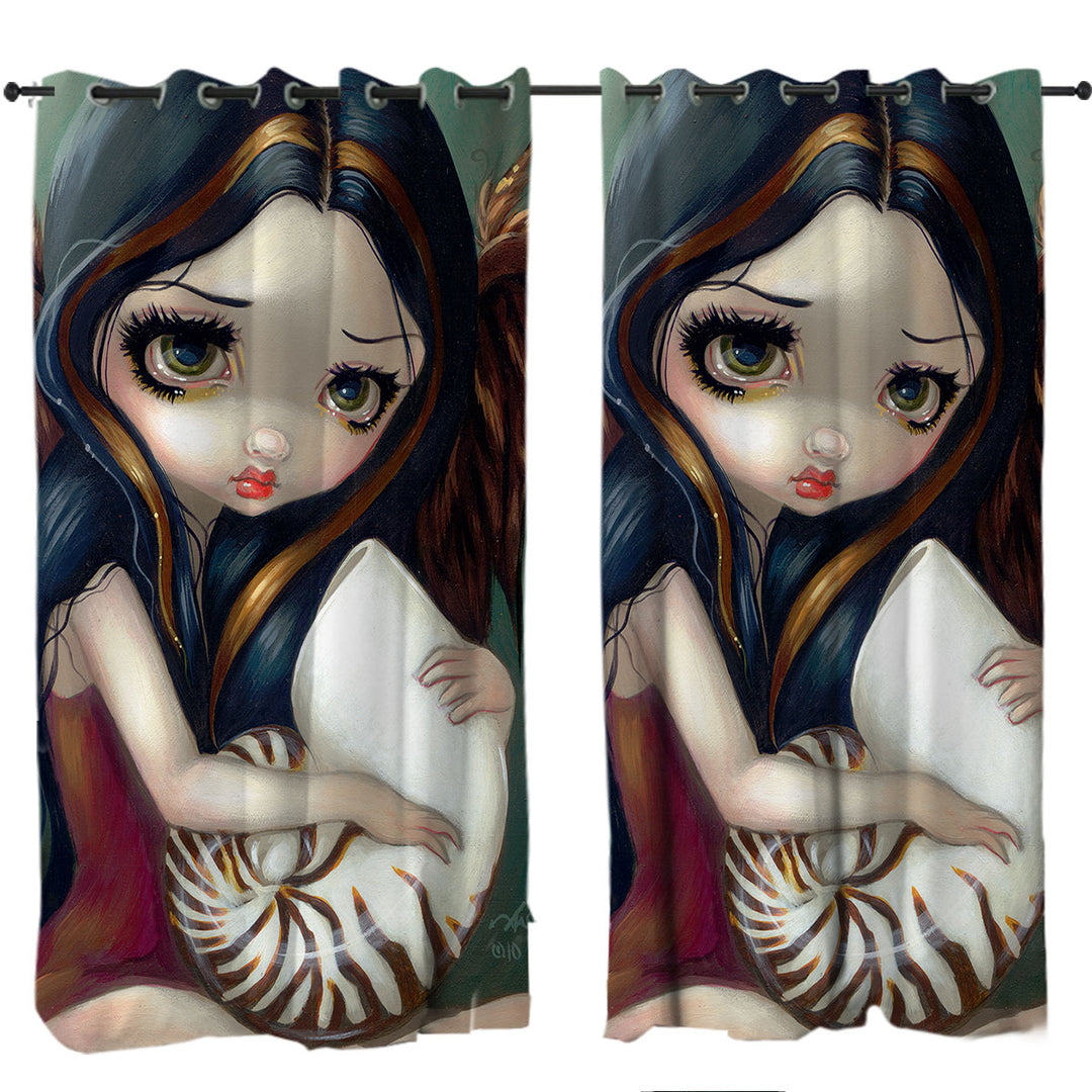 Sad Eyed Beautiful Girl Angel and Nautilus Shell Curtain