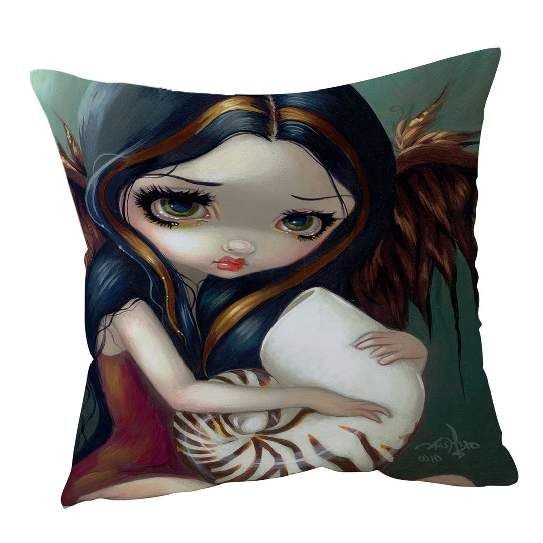 Sad Eyed Beautiful Girl Angel and Nautilus Shell Cushion Covers