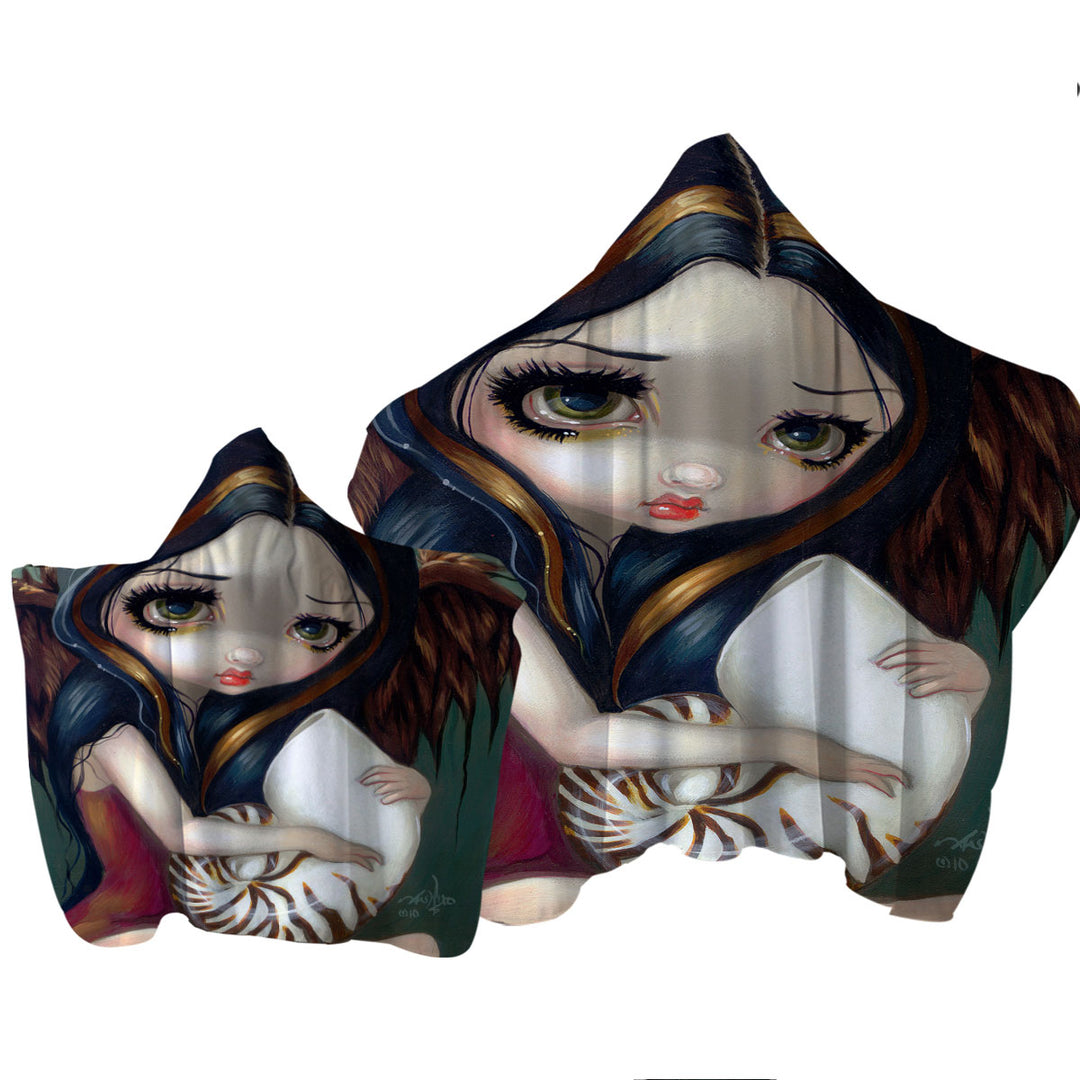 Sad Eyed Beautiful Girl Angel and Nautilus Shell Hooded Beach Towel