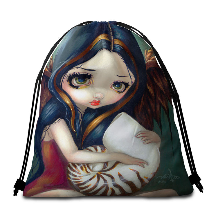 Sad Eyed Beautiful Girl Angel and Nautilus Shell Microfiber Beach Towel