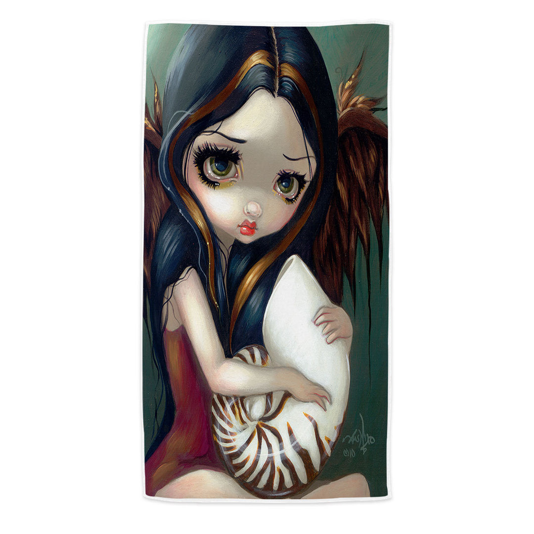 Sad Eyed Beautiful Girl Angel and Nautilus Shell Microfibre Beach Towels