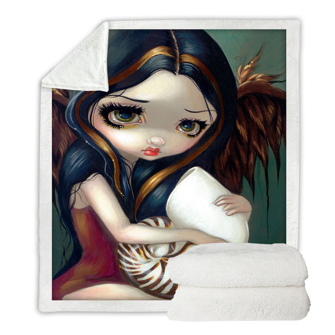 Sad Eyed Beautiful Girl Angel and Nautilus Shell Throw Blanket