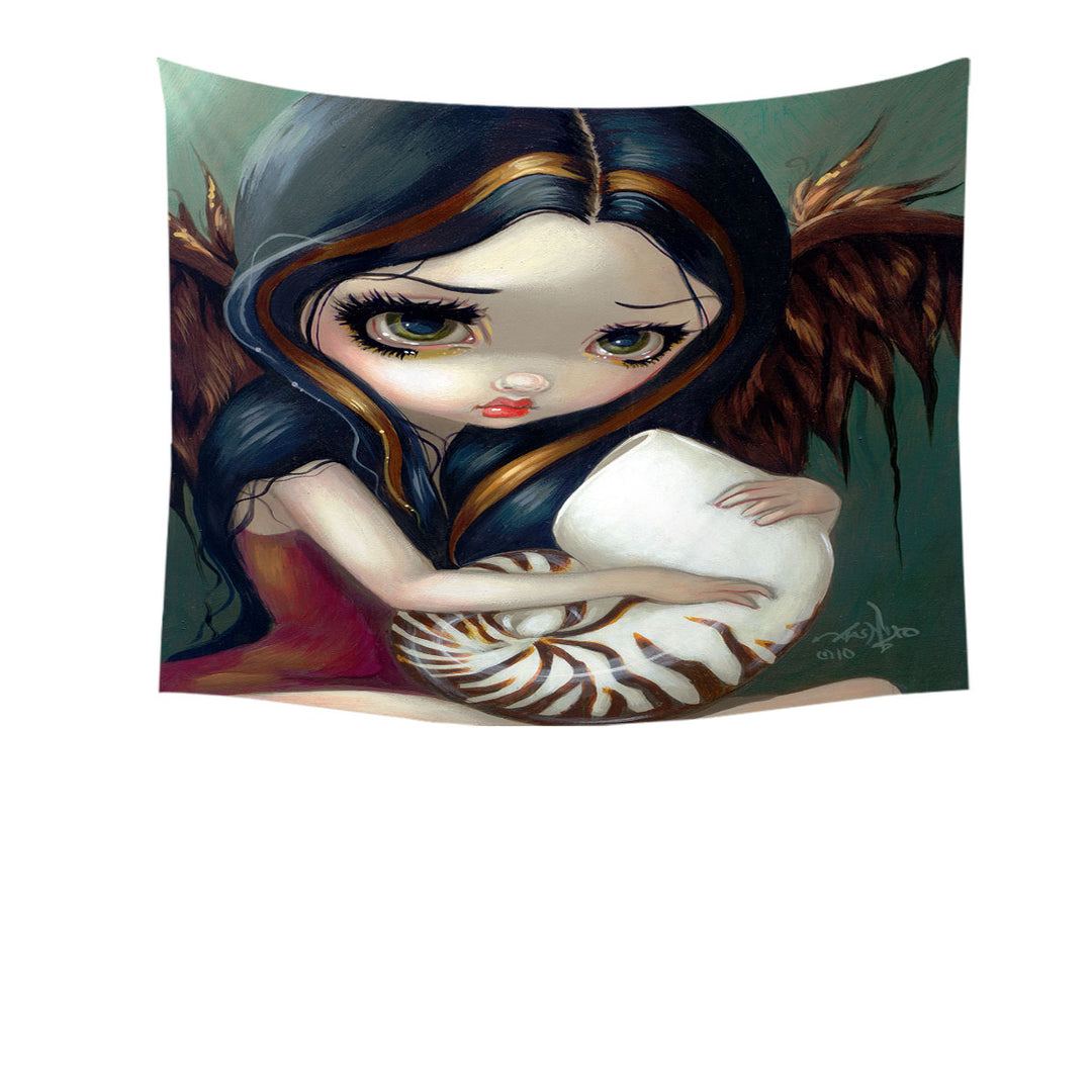 Sad Eyed Beautiful Girl Angel and Nautilus Shell Wall Art Prints Tapestry