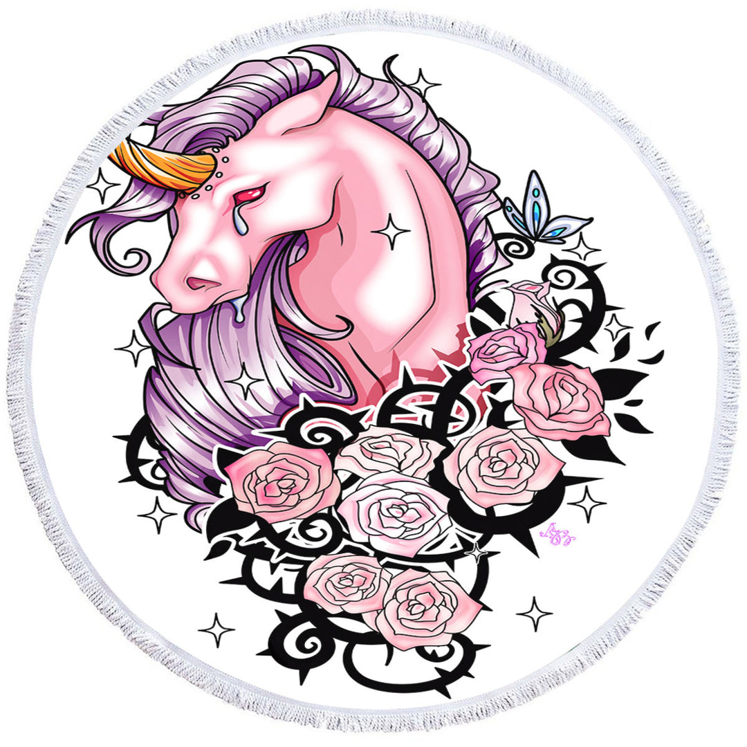 Sad Pink Unicorn and Roses Beach Towels