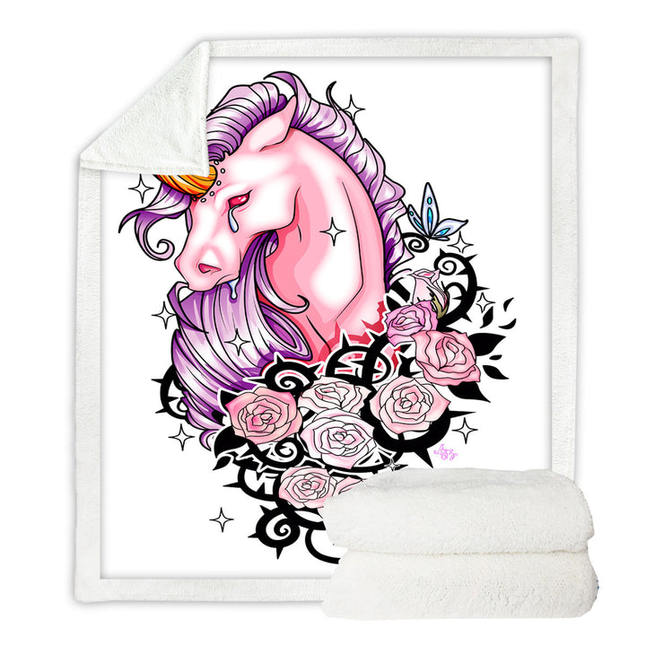 Sad Pink Unicorn and Roses Couch Throws
