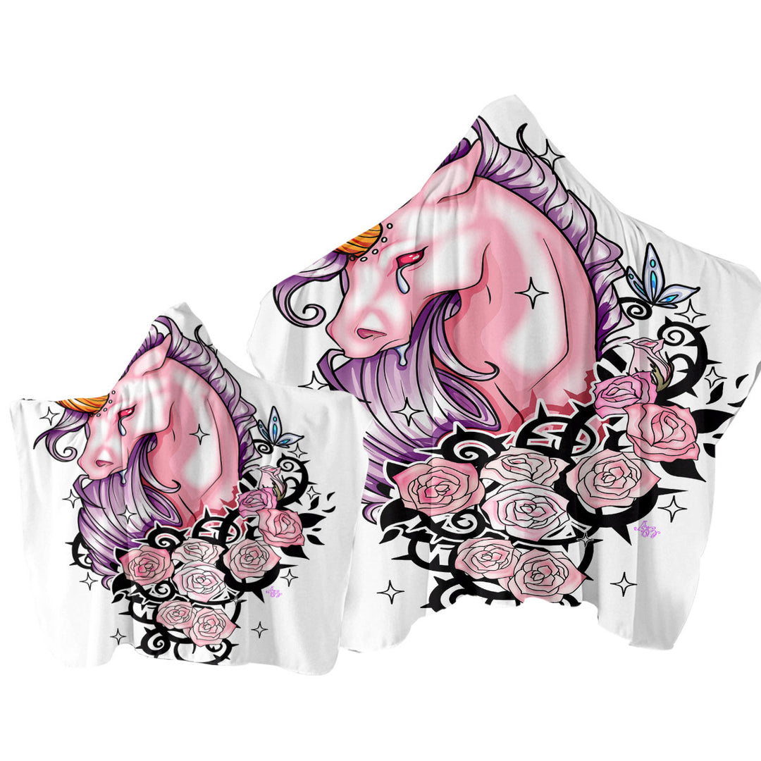 Sad Pink Unicorn and Roses Hooded Beach Towel