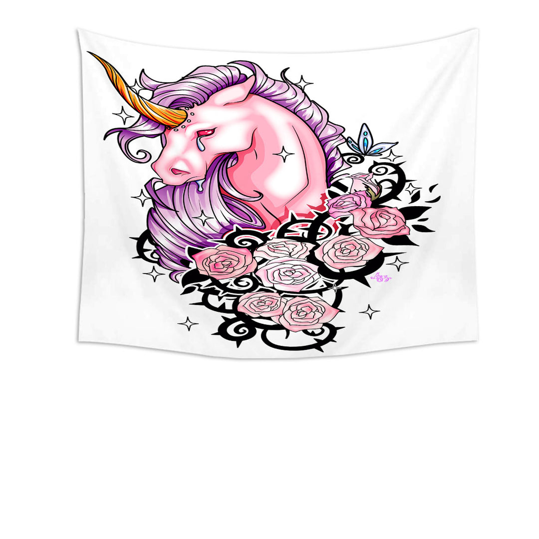 Sad Pink Unicorn and Roses Tapestry