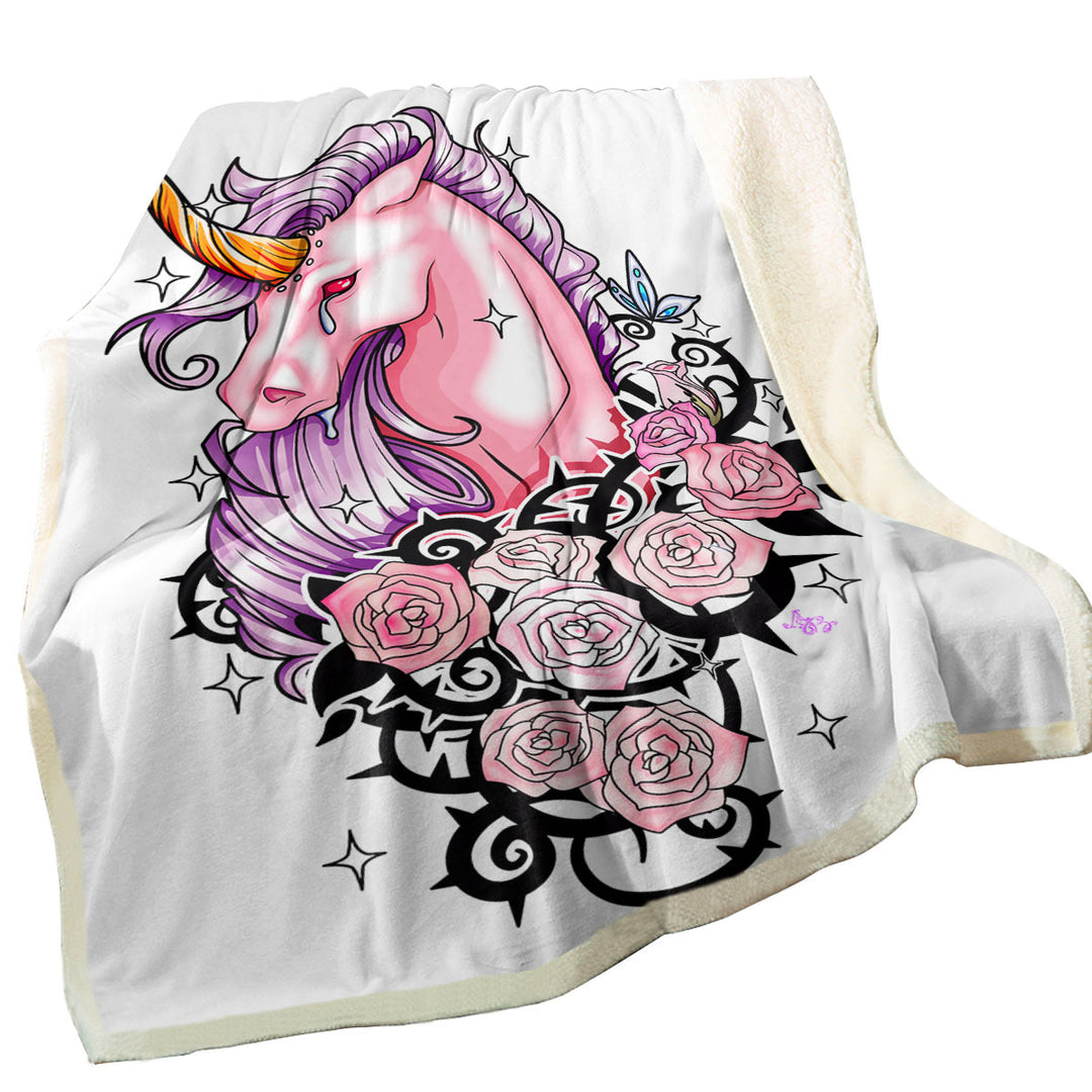 Sad Pink Unicorn and Roses Throw Blanket