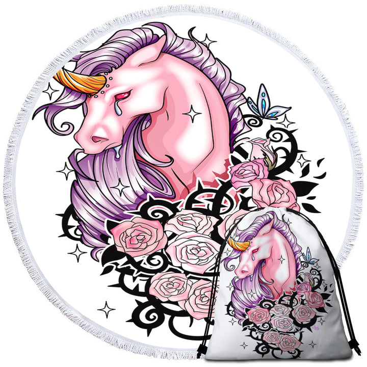 Sad Pink Unicorn and Roses Unique Beach Towels