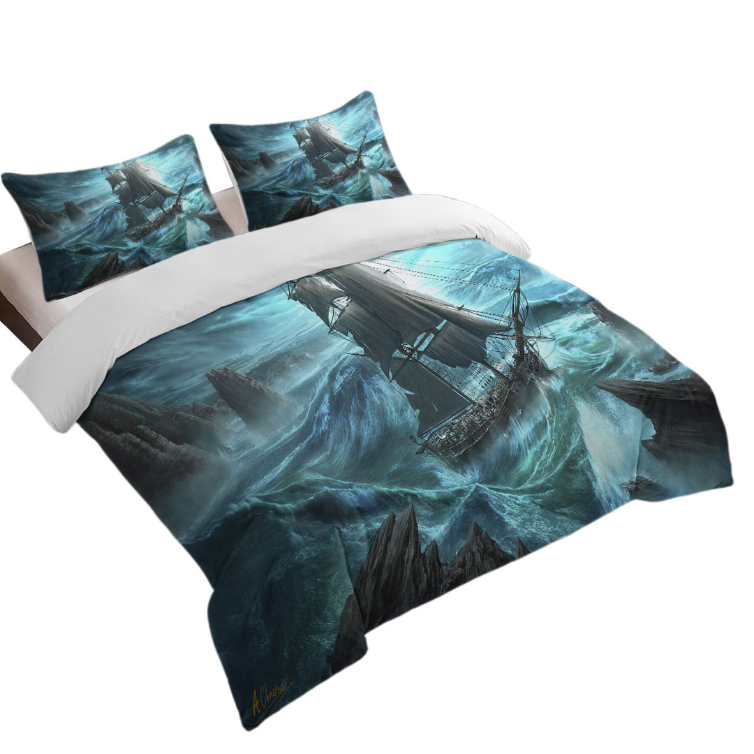 Sailing Ship in the Dangerous Seas Bed Covers