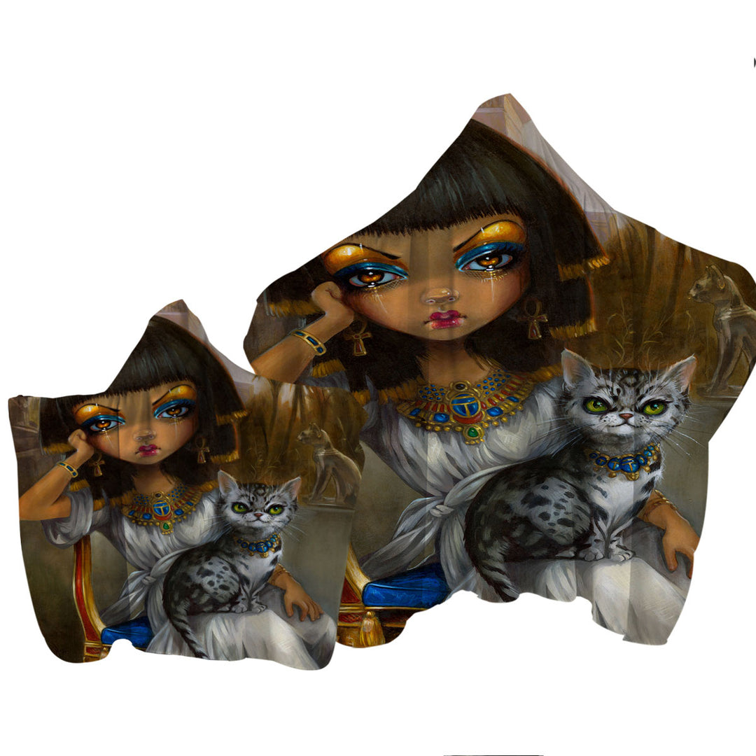 Sanura Beautiful Egyptian Princess with Her Mau Cat Hooded Beach Towel