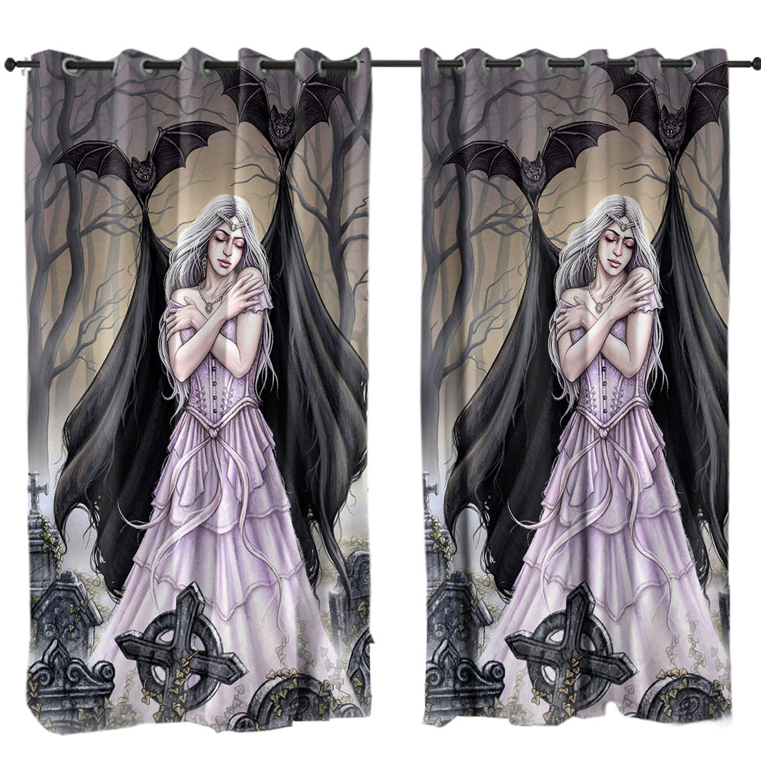 Scary Art Graveyard Bats Night Embrace for Lonely Woman Curtain