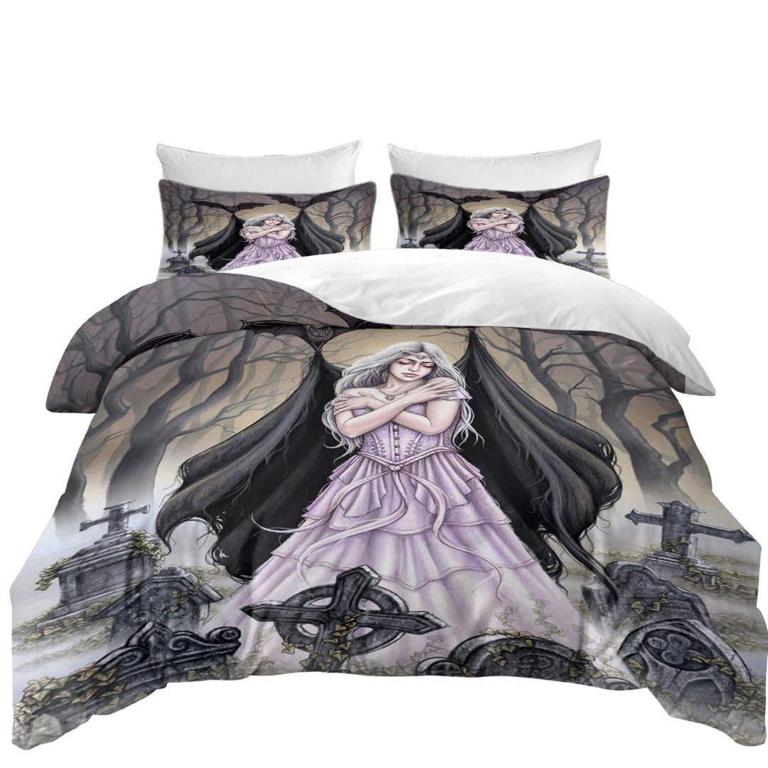 Scary Art Graveyard Bats Night Embrace for Lonely Woman Duvet Covers