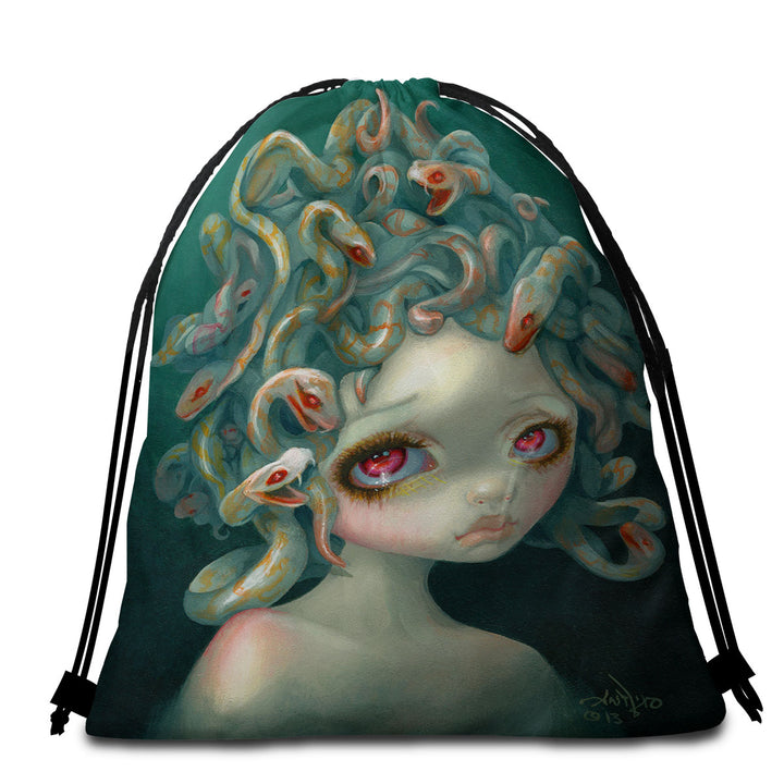 Scary Art Snakes Head Pale Medusa Beach Towel Bags