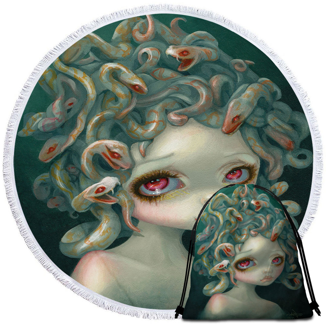 Scary Art Snakes Head Pale Medusa Round Beach Towel