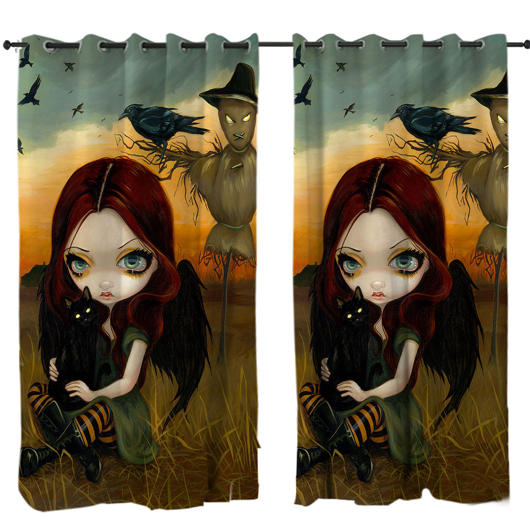 Scary Autumn the Scarecrow and Crow Winged Girl Curtain