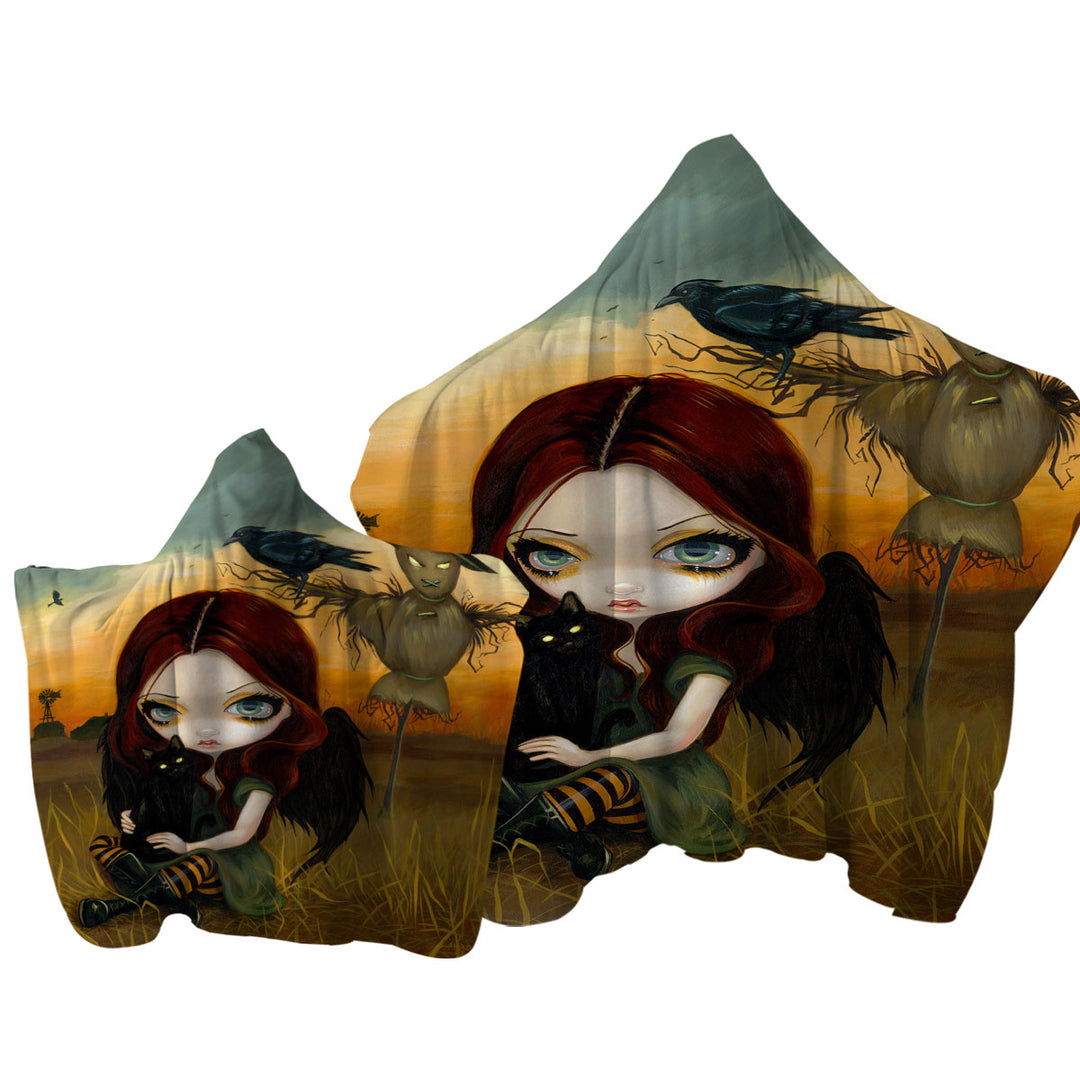 Scary Autumn the Scarecrow and Crow Winged Girl Hooded Beach Towel