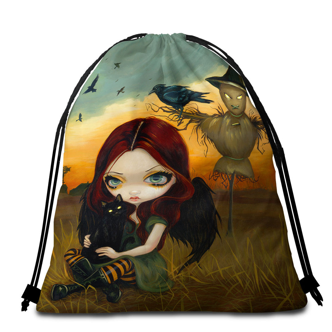 Scary Beach Towel Bags Autumn the Scarecrow and Crow Winged Girl