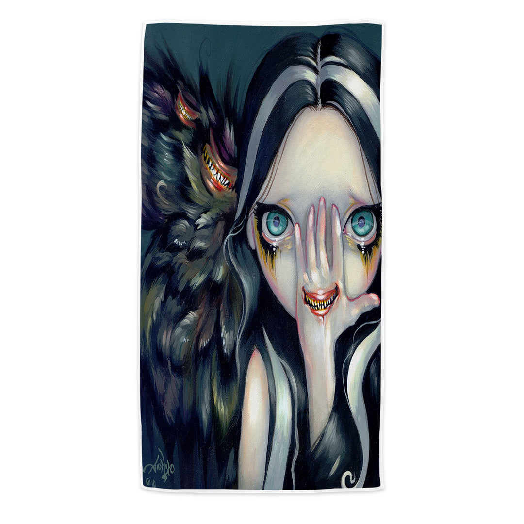 Scary Beach Towel Gothic Art Speak No Evil Yokai Demon Girl