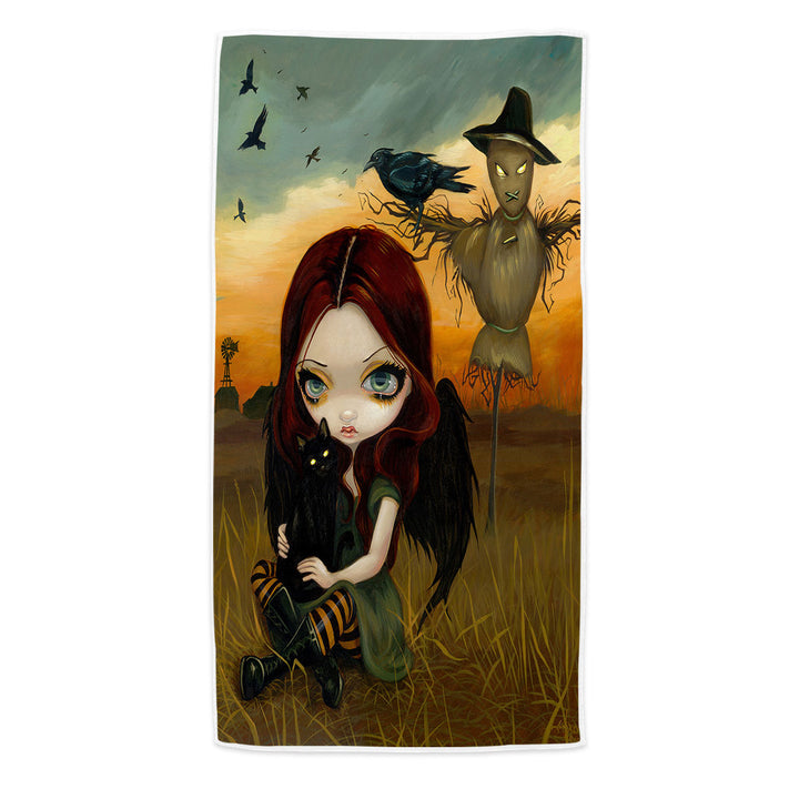 Scary Beach Towels Autumn the Scarecrow and Crow Winged Girl