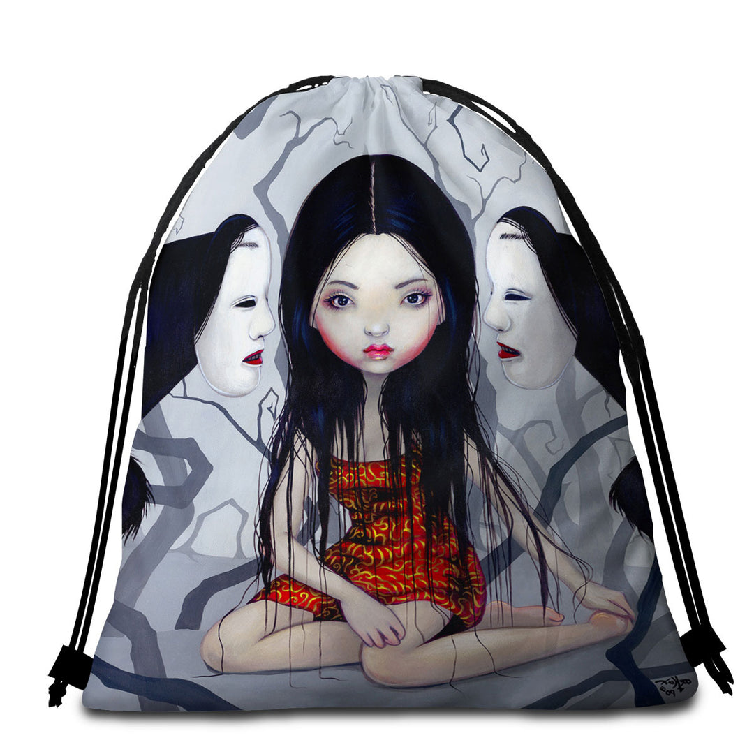 Scary Beach Towels and Bags Set Art Lovely Maiden and Faceless Ghosts