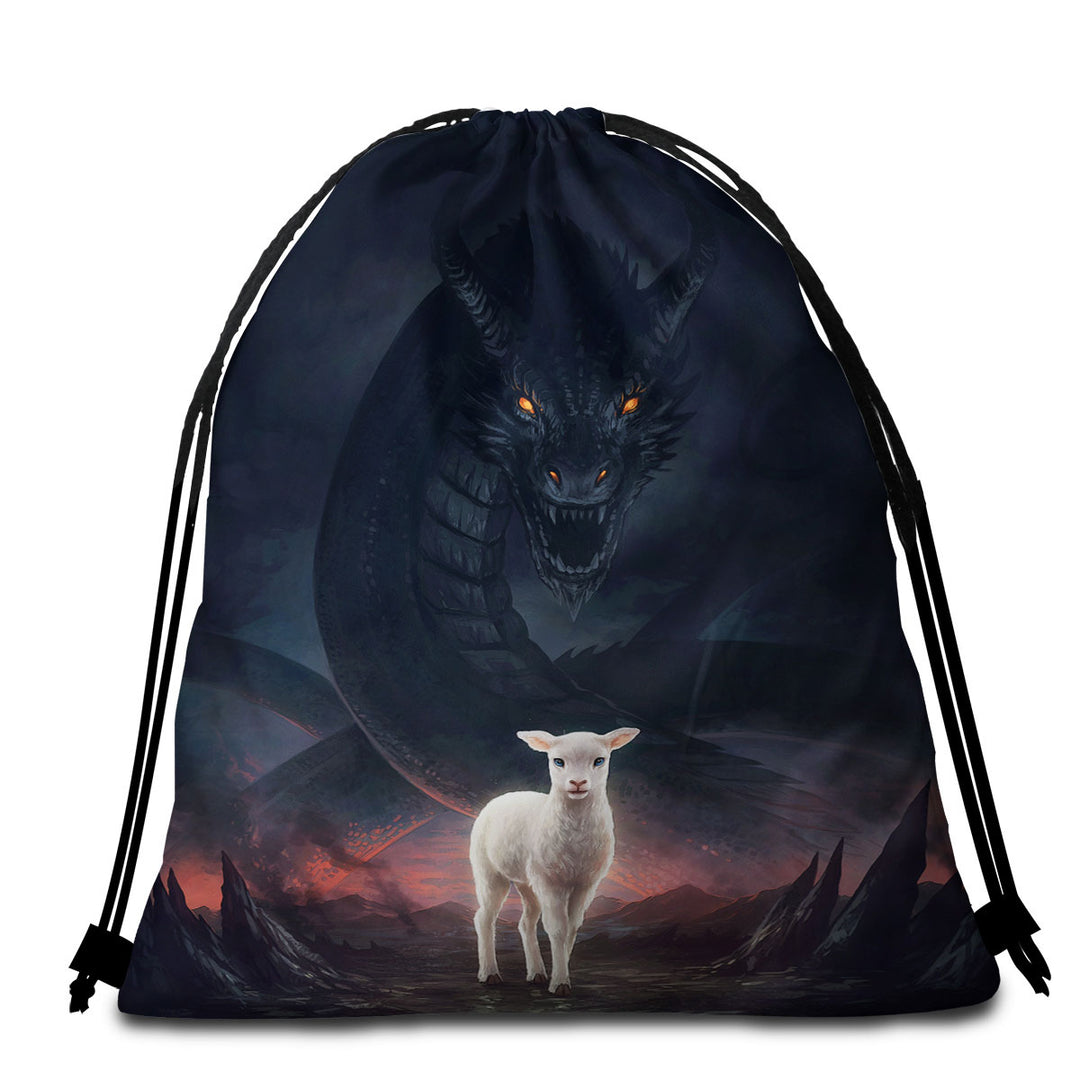 Scary Beach Towels and Bags Set Art the Lamb and the Dragon