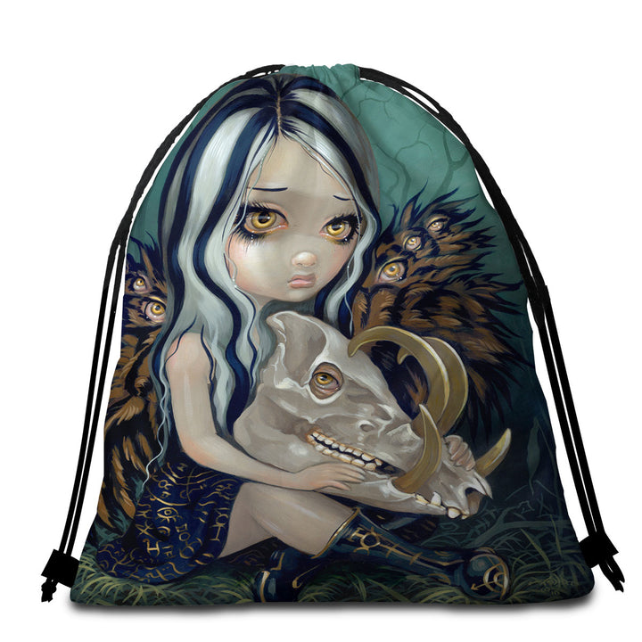 Scary Cool Beach Towels Fantasy Art Girl and Babirusa Skull