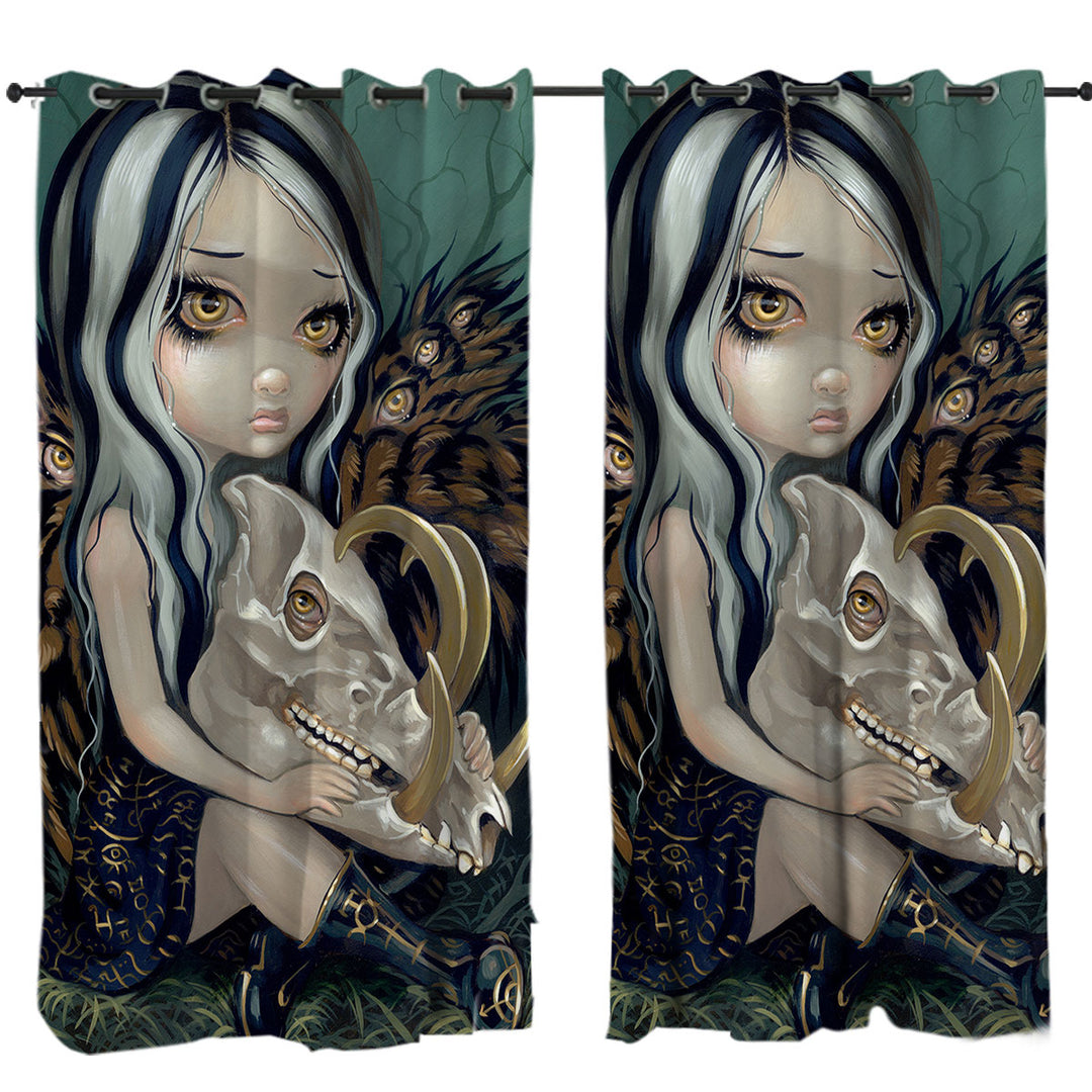 Scary Fantasy Art Girl and Babirusa Skull Curtains for Living Room