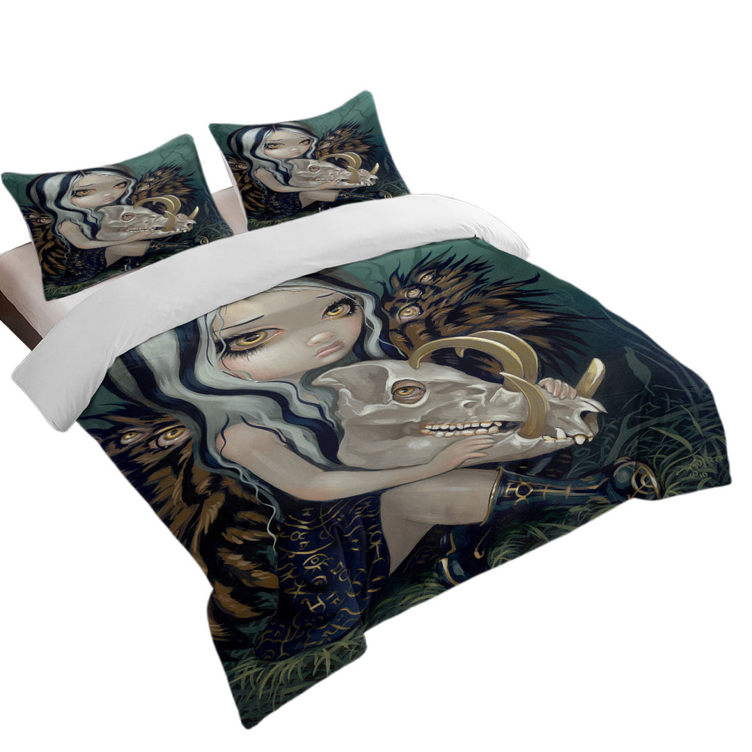 Scary Fantasy Art Girl and Babirusa Skull Duvet Cover