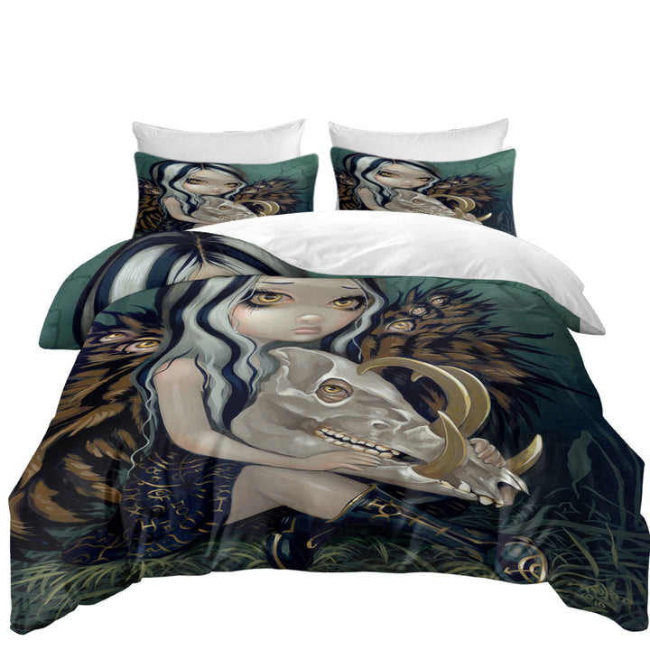 Scary Fantasy Art Girl and Babirusa Skull Duvet Covers