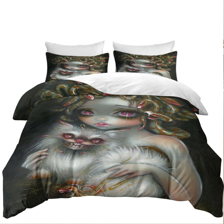 Scary Fantasy Art Medusa Girl and Her Cat Coverlet