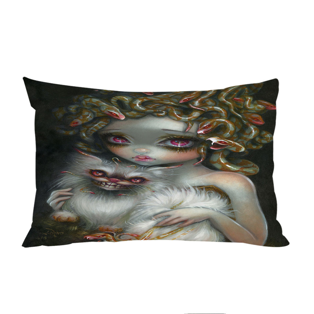 Scary Fantasy Art Medusa Girl and Her Cat Pillow Case Covers