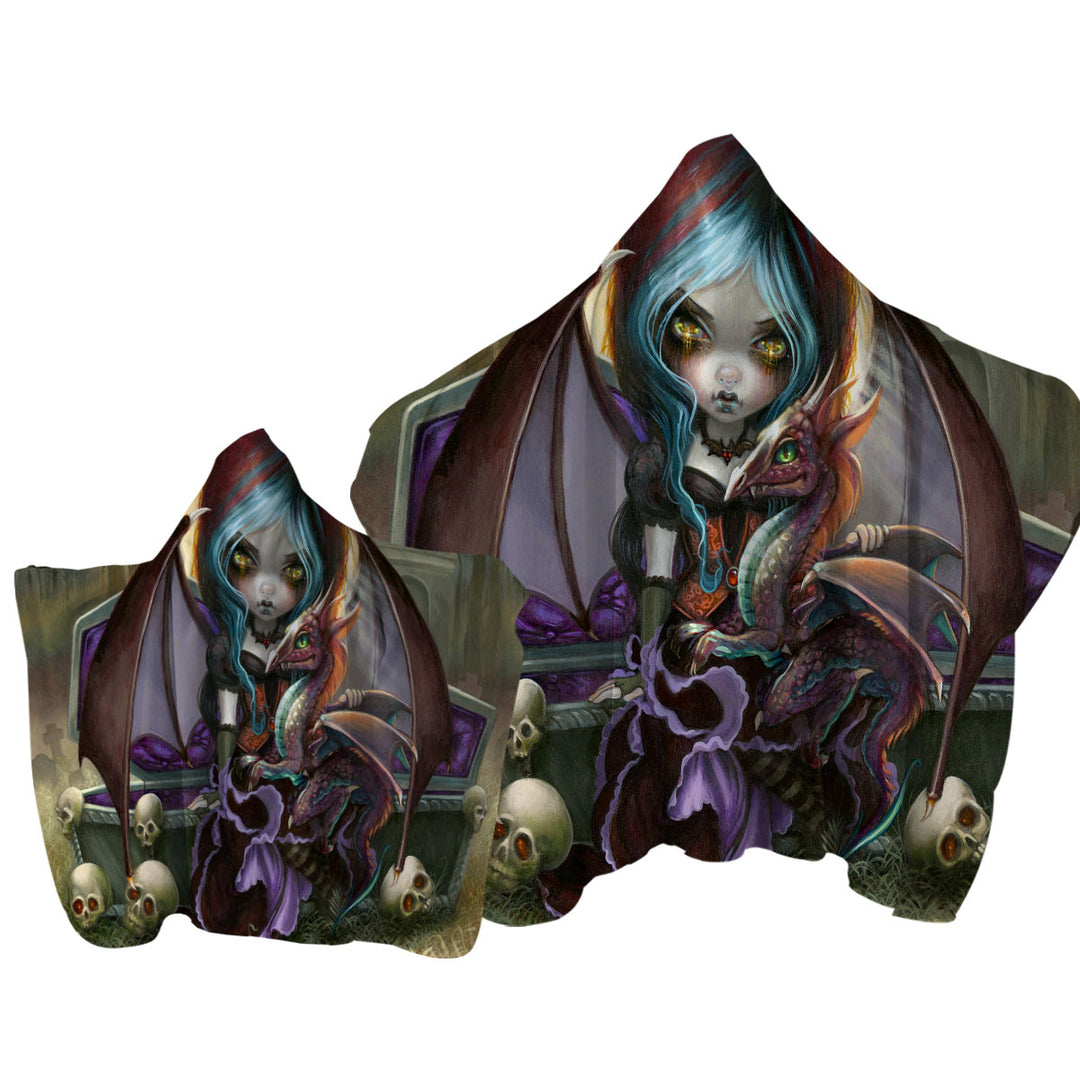 Scary Gothic Art Dragon Girl and Vampire Dragonling Hooded Beach Towel