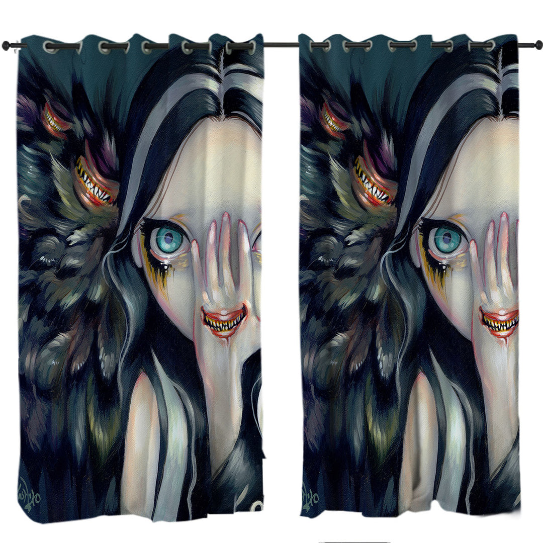 Scary Gothic Art Speak No Evil Yokai Demon Girl Curtains for Bedroom