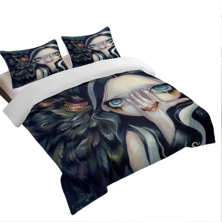 Scary Gothic Art Speak No Evil Yokai Demon Girl Queen Size Duvet Cover