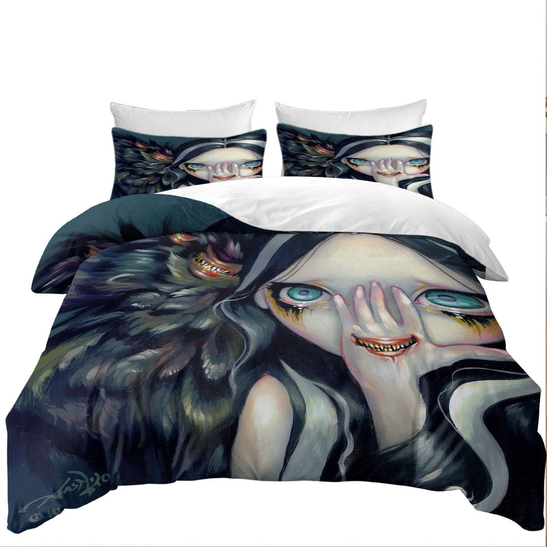 Scary Gothic Art Speak No Evil Yokai Demon Girl Twin Duvet Covers