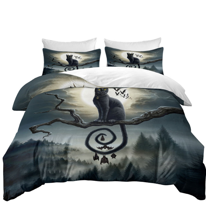 Scary Night Art Moonlight Companions Bats and Cat Coverlet