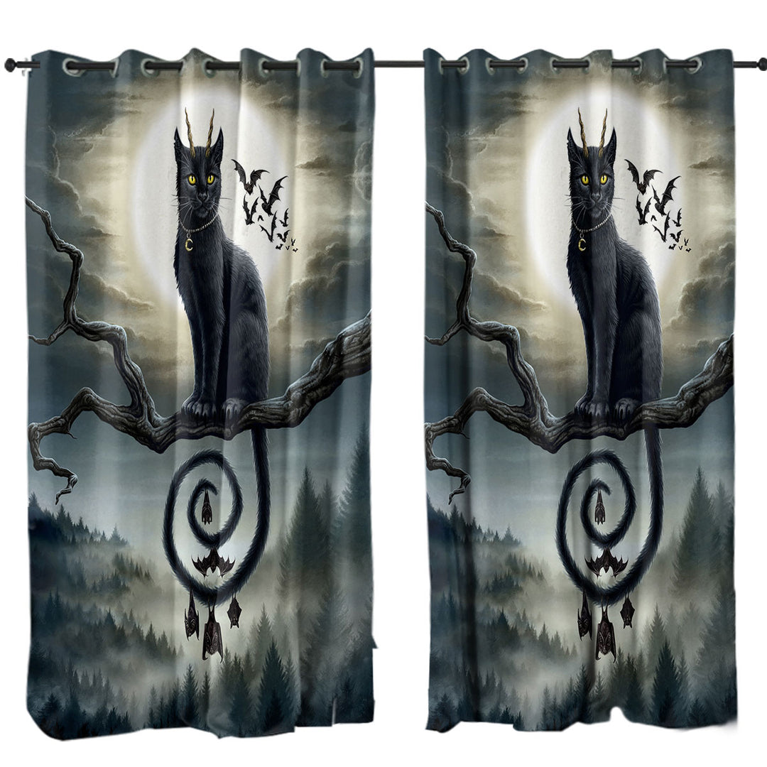 Scary Night Art Moonlight Companions Bats and Cat Curtains