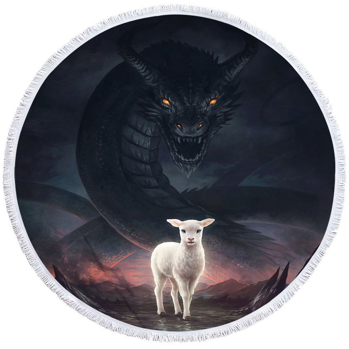 Scary Round Beach Towel Art the Lamb and the Dragon