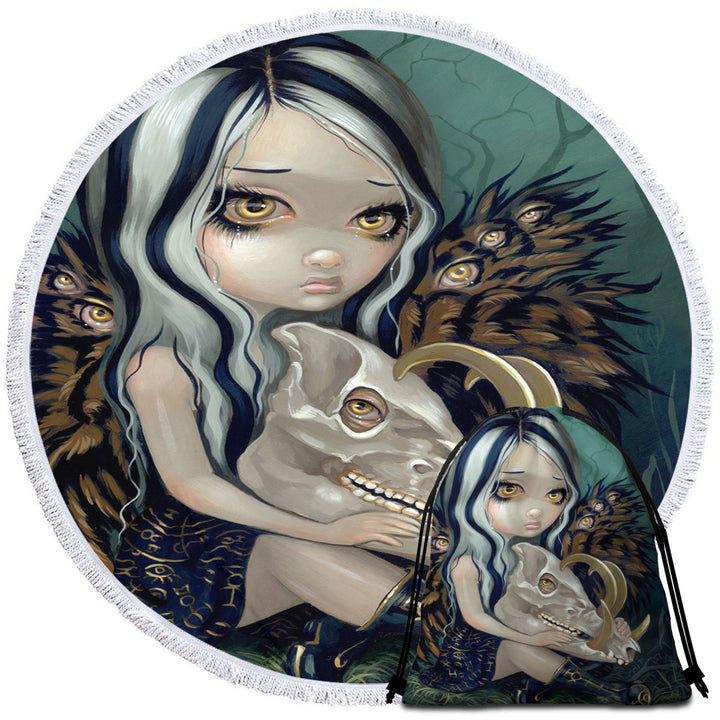 Scary Round Beach Towel Fantasy Art Girl and Babirusa Skull