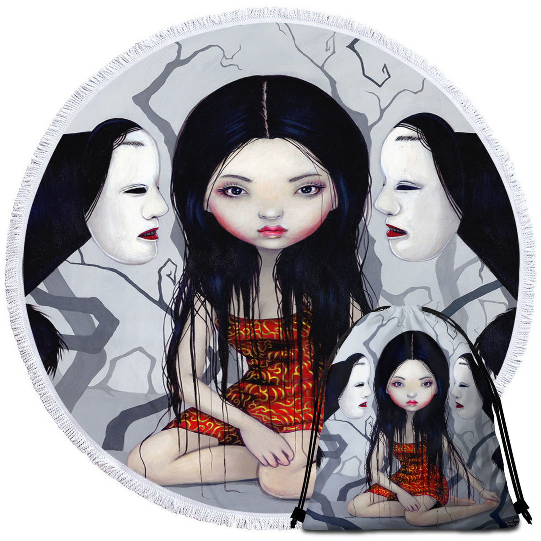 Scary Round Towel Art Lovely Maiden and Faceless Ghosts