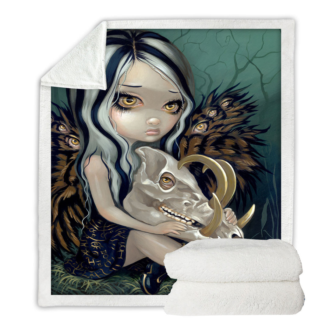 Scary Sherpa Blanket Fantasy Art Girl and Babirusa Skull