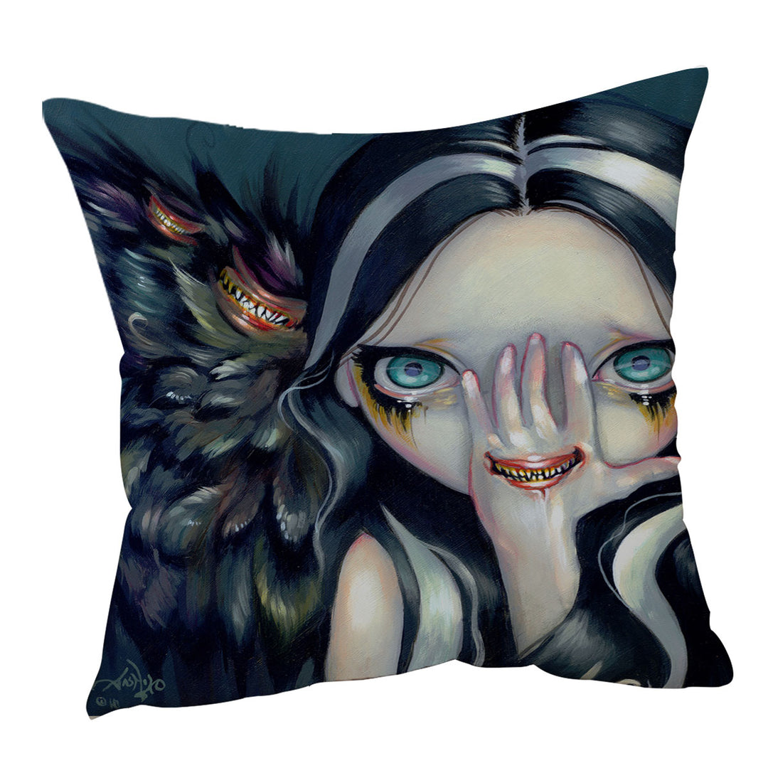 Scary Sofa Pillows Gothic Art Speak No Evil Yokai Demon Girl