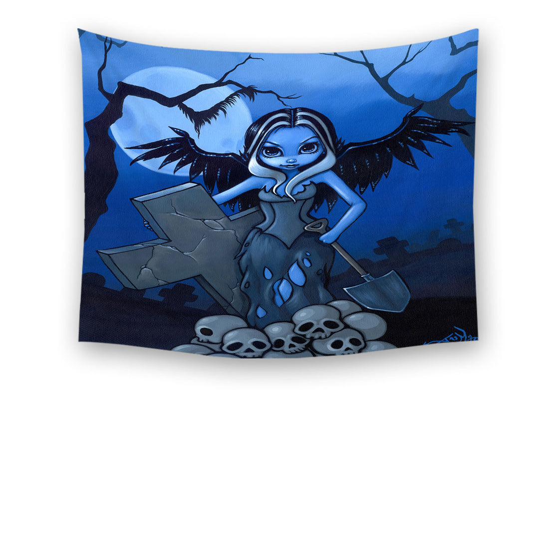 Scary Tapestry Art Gothic Angel and Skulls the Gravedigger Wall Decor