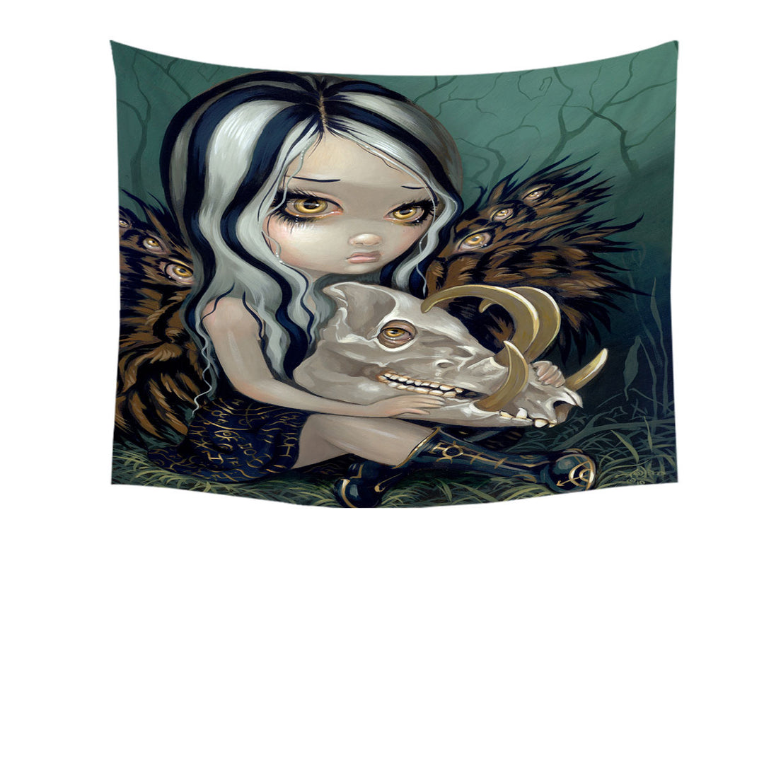 Scary Tapestry Fantasy Art Girl and Babirusa Skull Wall Decor